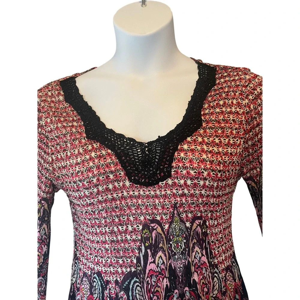 VTG Alberto Makali Women 90s Plisse Boho Paisley Crochet Trim Top Size XL Artsy - Picture 2 of 10